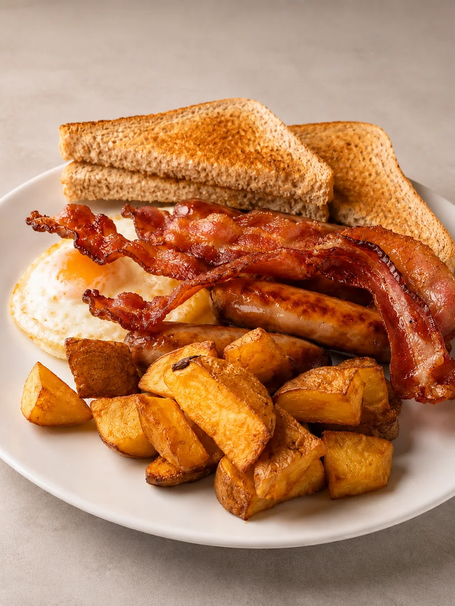 Eggs, bacon, toast and home fries on a white plate