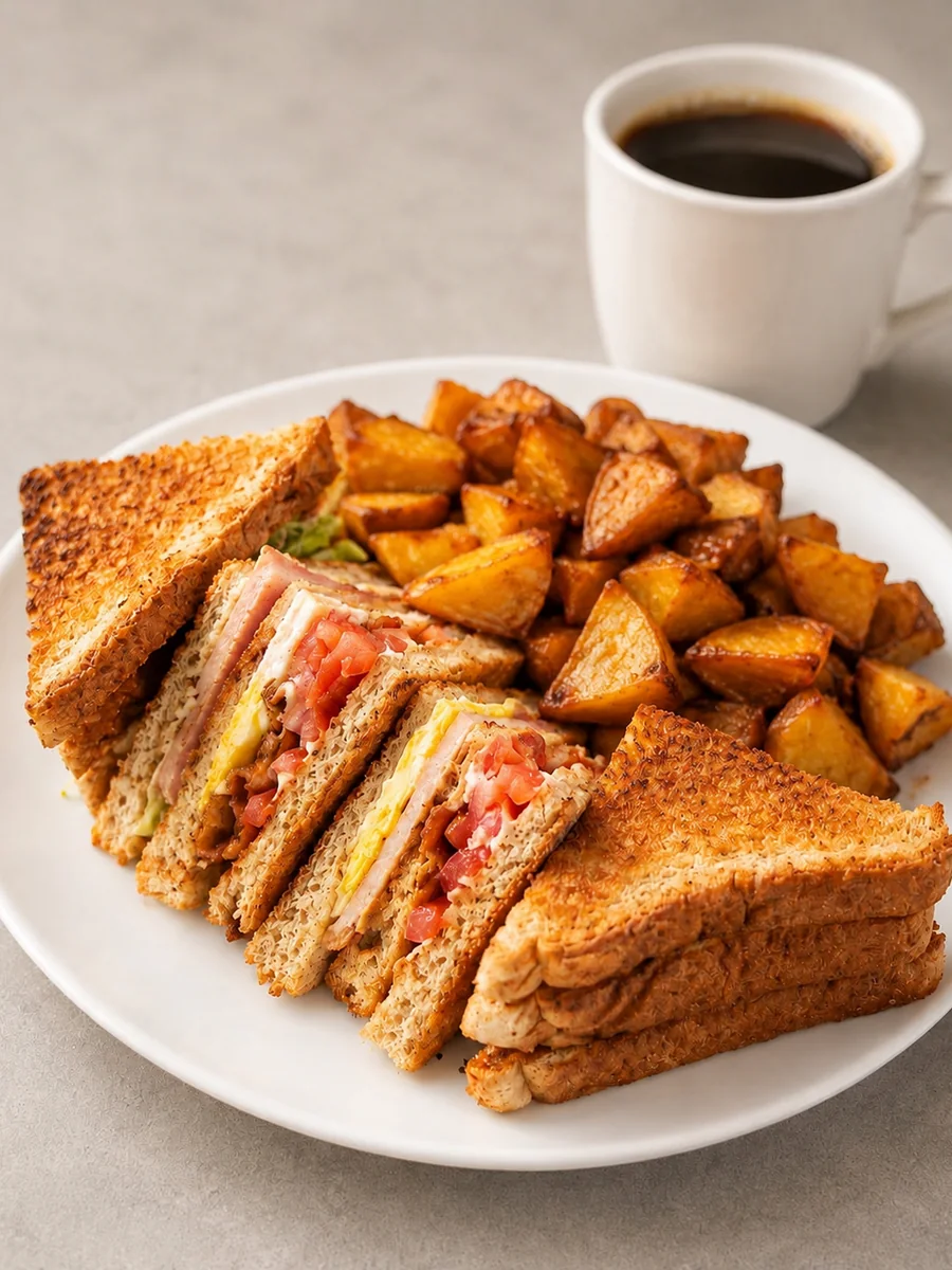 A club sandwich with a side of potatoes and a cup of coffee