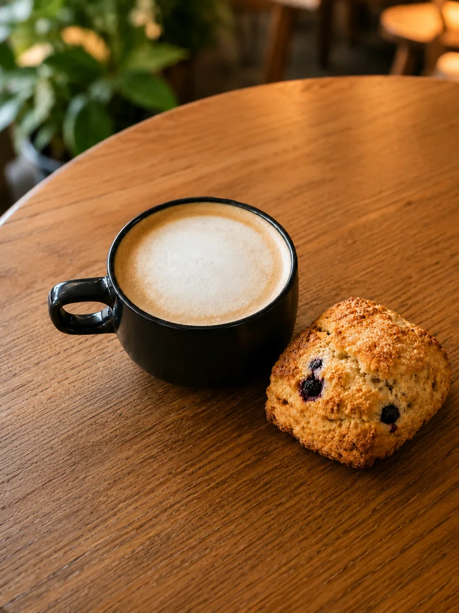 Coffee in a dark cup beside a baked treat