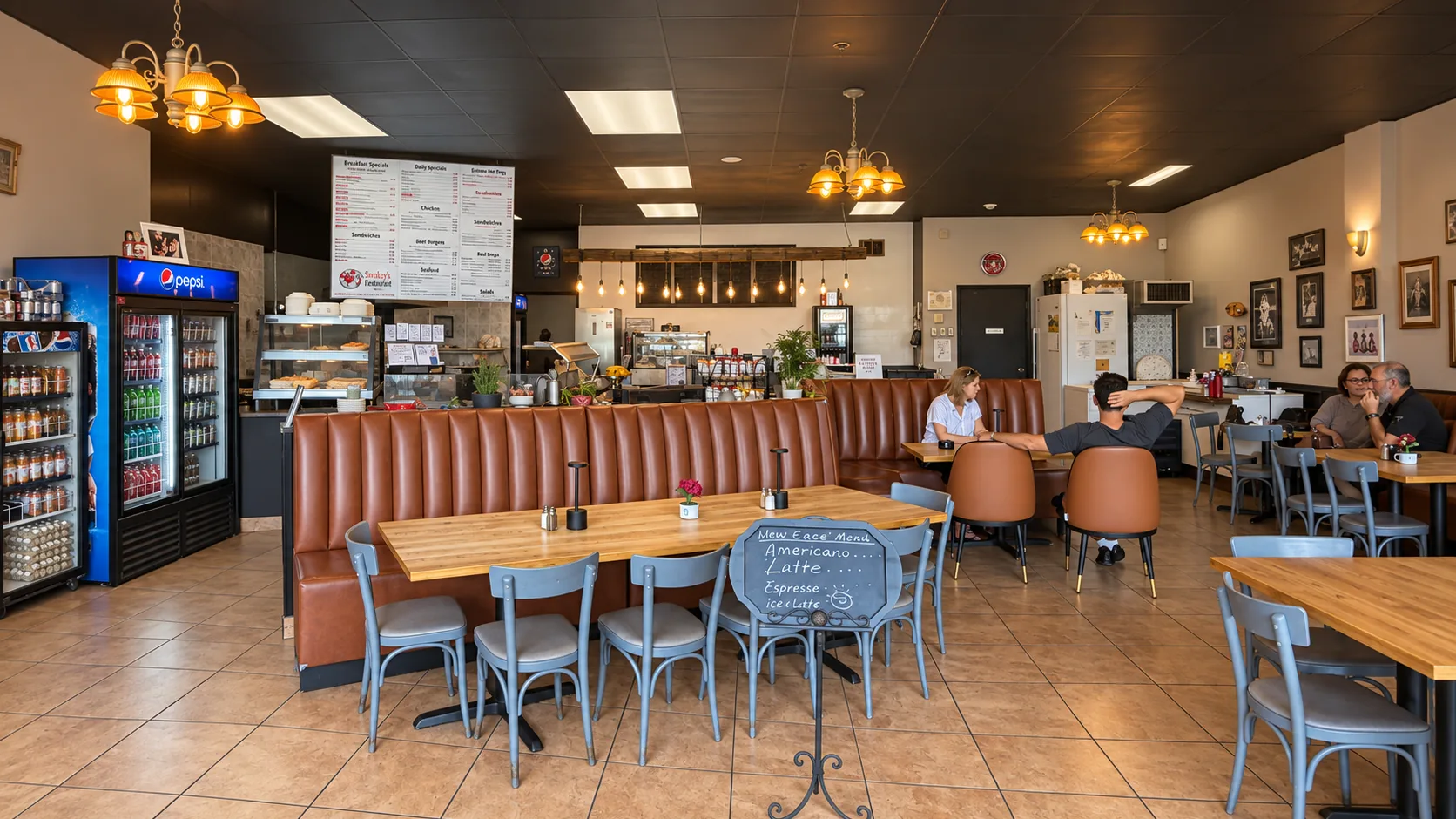 Wide view of Smokey's dining room with burgundy booths, wooden tables and warm pendant lights
